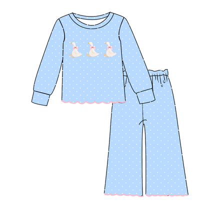 Girls Embroidered Scalloped Two-Piece Outfit – Long Sleeve Top & Wide Leg Pants Set, Ballet, Duck, Princess & Pony Designs