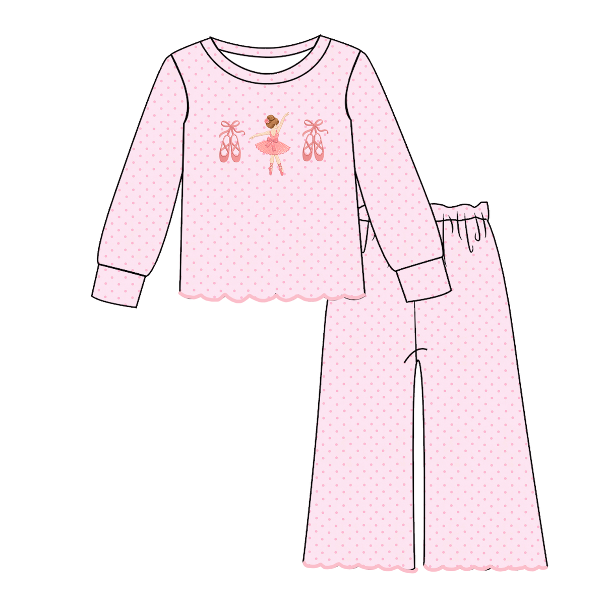 Girls Embroidered Scalloped Two-Piece Outfit – Long Sleeve Top & Wide Leg Pants Set, Ballet, Duck, Princess & Pony Designs