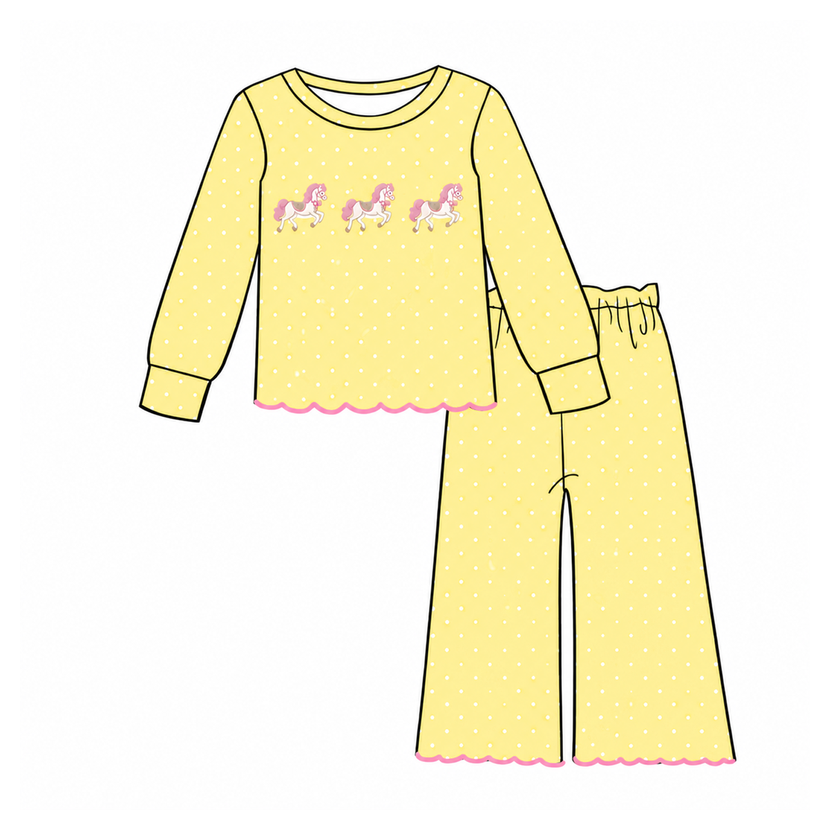 Girls Embroidered Scalloped Two-Piece Outfit – Long Sleeve Top & Wide Leg Pants Set, Ballet, Duck, Princess & Pony Designs