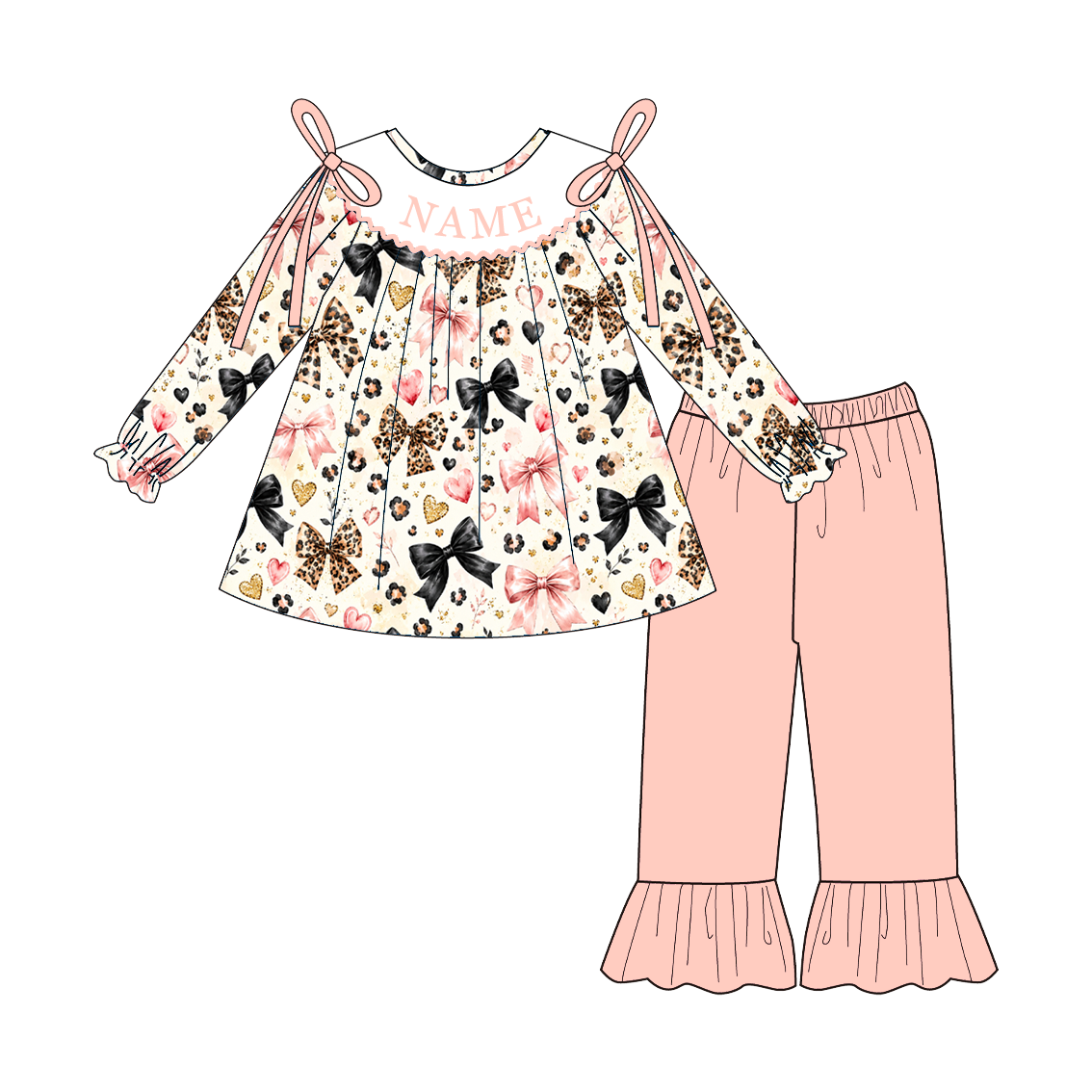 Personalized Girls Valentine's Day Bow & Leopard Print Smocked Outfits – Custom Name Embroidery Dress, Ruffle Pants Set & Baby Bloomer Set