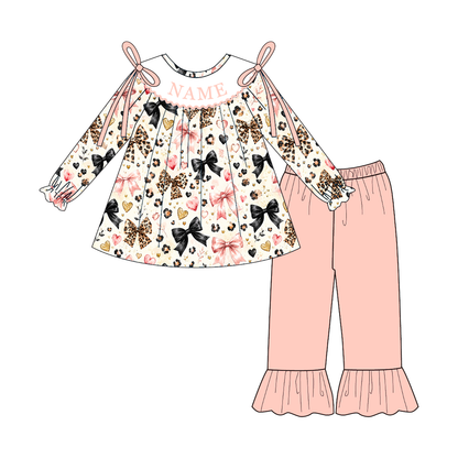 Personalized Girls Valentine's Day Bow & Leopard Print Smocked Outfits – Custom Name Embroidery Dress, Ruffle Pants Set & Baby Bloomer Set