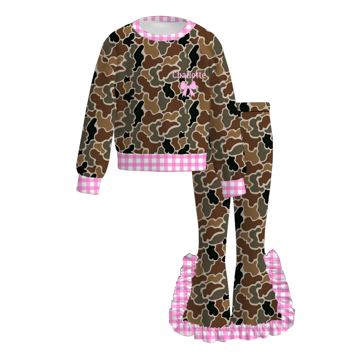 Personalized Girls Camo & Leopard Print Ruffle Pants Set – Custom Name Embroidery Long Sleeve Outfit