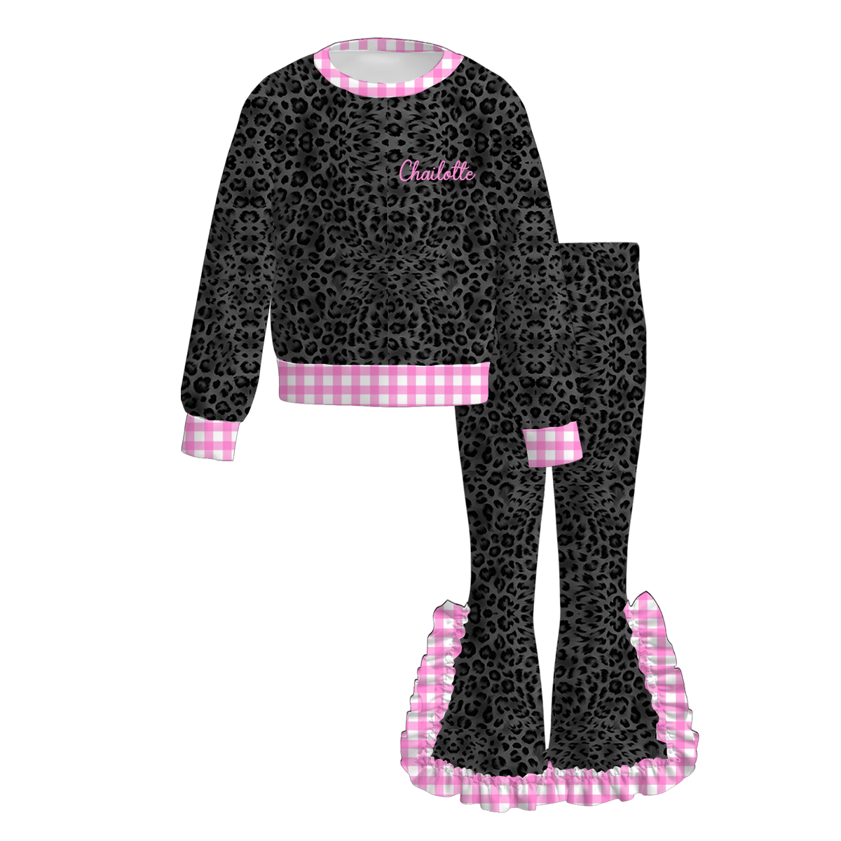 Personalized Girls Camo & Leopard Print Ruffle Pants Set – Custom Name Embroidery Long Sleeve Outfit