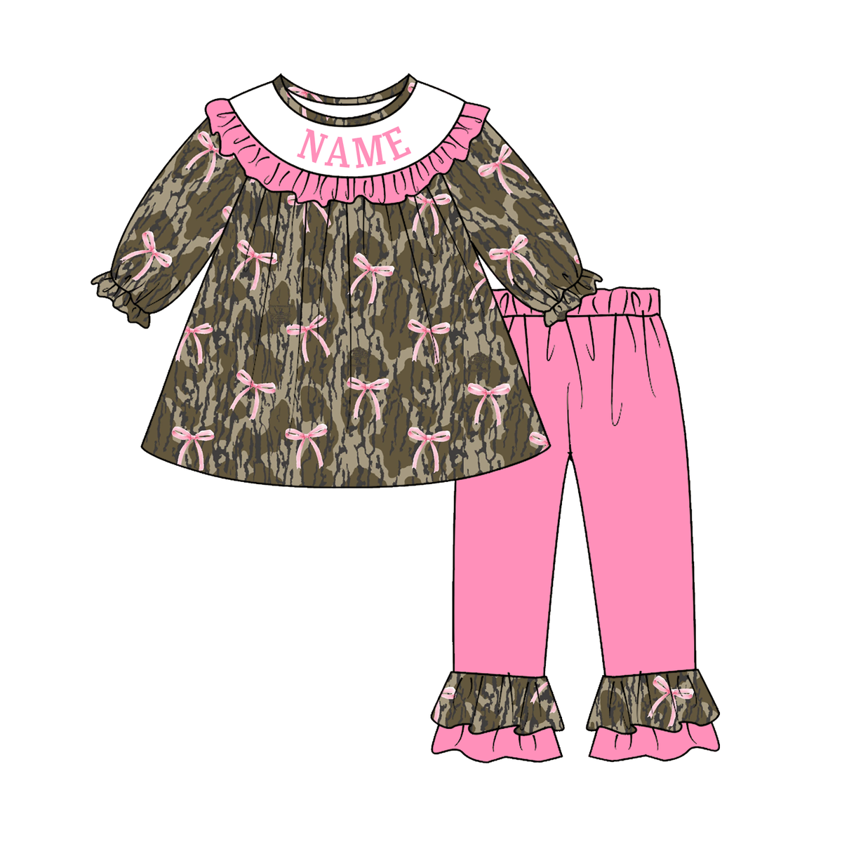 Personalized Camo & Pink Bow Kids Outfits – Custom Name Embroidery Girls Dress, Romper, Ruffle Pants Set & Boys Overall Romper