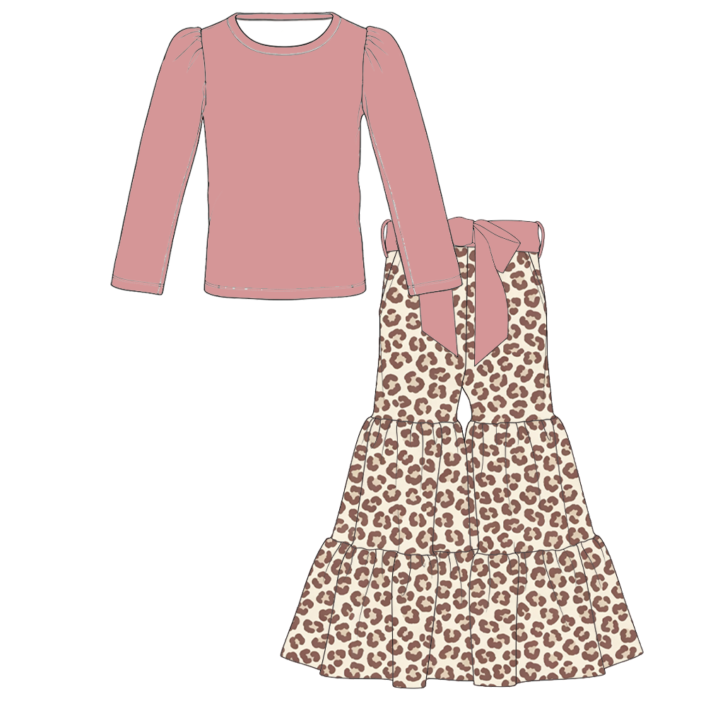 Girls Fall Winter Printed Ruffle Bell Bottom Pants Set – Long Sleeve Puff Sleeve Top & Tiered Flare Pants Outfit
