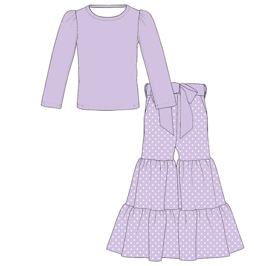 Girls Spring Pastel Polka Dot & Gingham Ruffle Bell Bottom Pants Set – Long Sleeve Puff Sleeve Top with Bow Detail Tiered Flare Pants