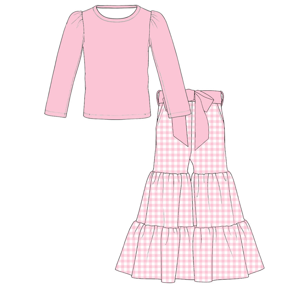 Girls Spring Pastel Polka Dot & Gingham Ruffle Bell Bottom Pants Set – Long Sleeve Puff Sleeve Top with Bow Detail Tiered Flare Pants