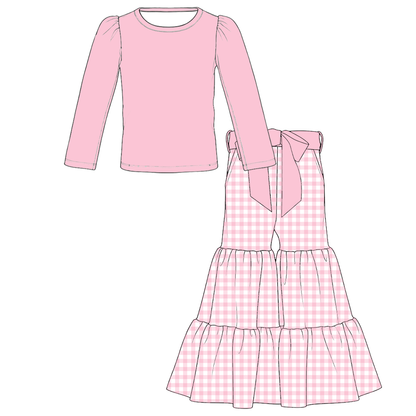 Girls Spring Pastel Polka Dot & Gingham Ruffle Bell Bottom Pants Set – Long Sleeve Puff Sleeve Top with Bow Detail Tiered Flare Pants