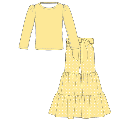 Girls Spring Pastel Polka Dot & Gingham Ruffle Bell Bottom Pants Set – Long Sleeve Puff Sleeve Top with Bow Detail Tiered Flare Pants