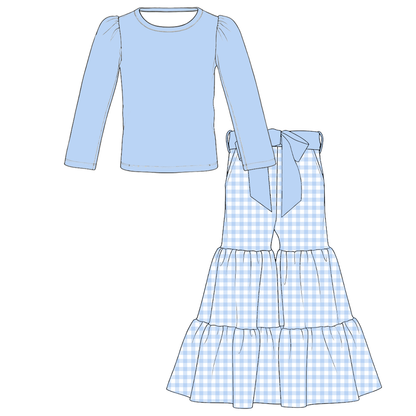 Girls Spring Pastel Polka Dot & Gingham Ruffle Bell Bottom Pants Set – Long Sleeve Puff Sleeve Top with Bow Detail Tiered Flare Pants
