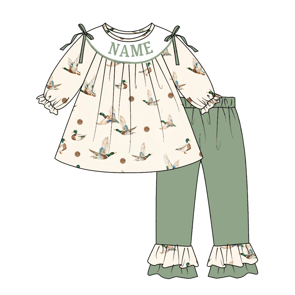 Personalized Girls Mallard Duck Print Outfits – Custom Name Embroidery Dress, Ruffle Bell Bottom Pants Set & Baby Bloomer Set