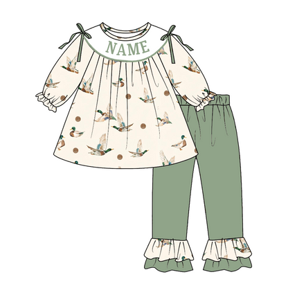 Personalized Girls Mallard Duck Print Outfits – Custom Name Embroidery Dress, Ruffle Bell Bottom Pants Set & Baby Bloomer Set