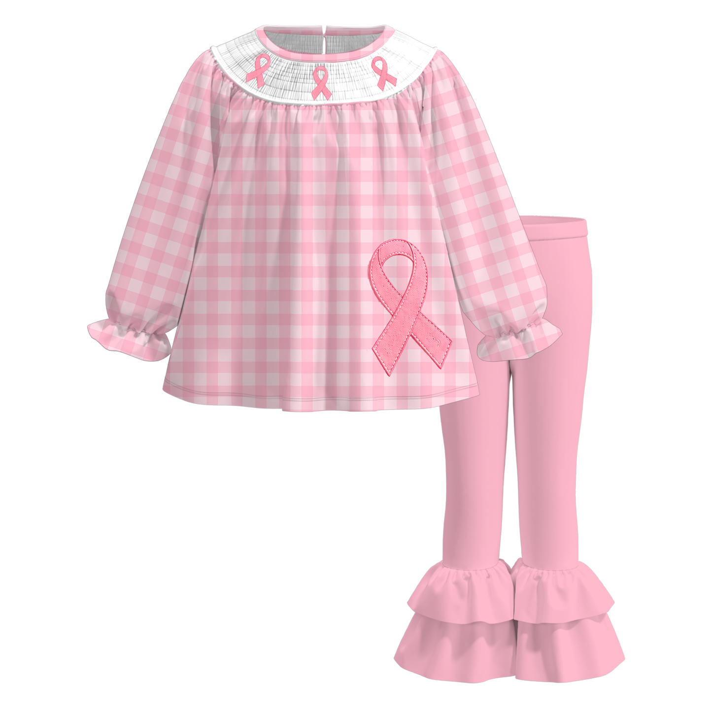 Girls Pink Smocked Embroidered Breast Cancer Awareness Collection | Long Sleeve Dress, Ruffle Pant Set & Bubble Romper