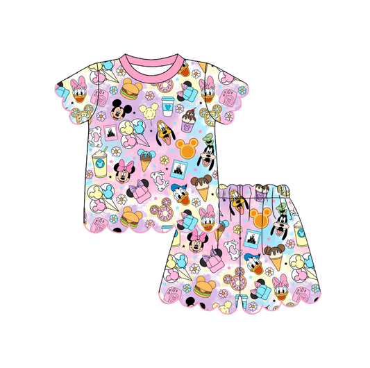 Girls Pink Cartoon Character Print T-Shirt & Shorts Set – Kids Summer 2-Piece Scallop Outfit