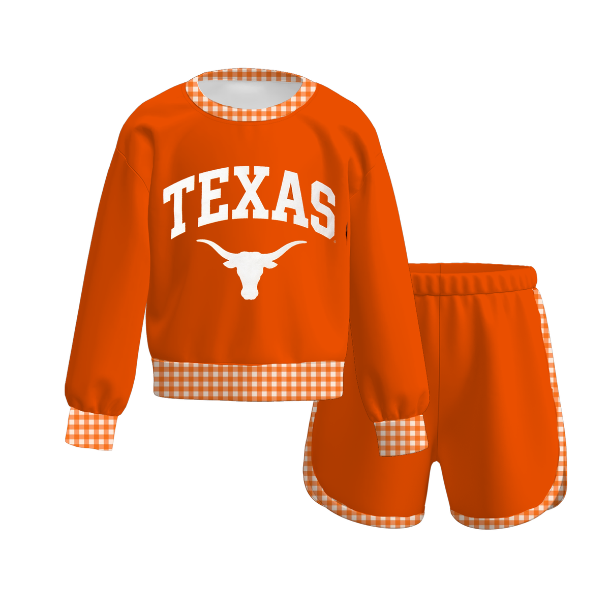 Girls Game Day Collegiate Sweatshirt & Shorts Set – Gingham Trim Football Outfit