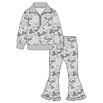 Girls Fall Winter Half Zip Pullover & Ruffle Flare Pants Set – 2 Piece Boutique Outfit, 6 Colors
