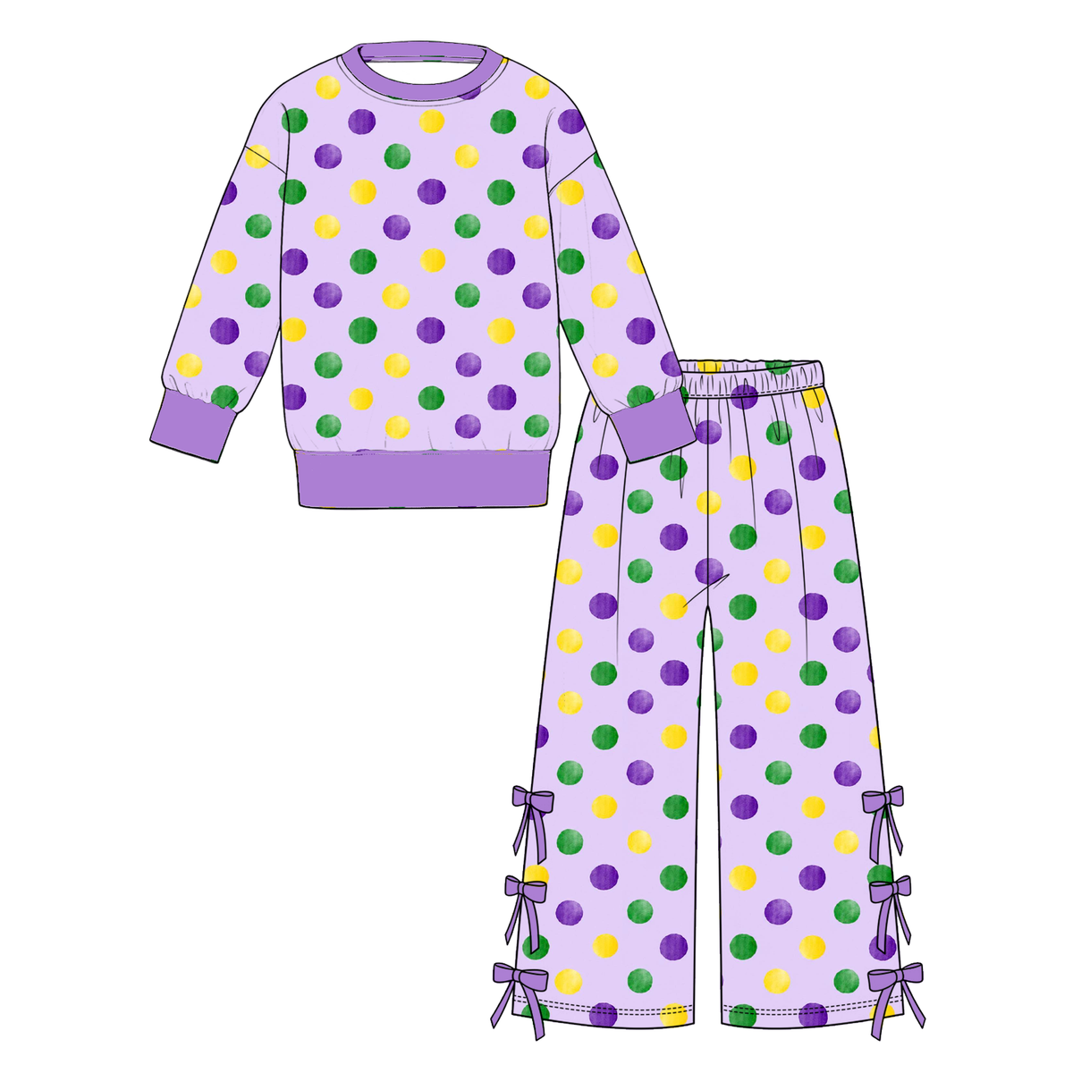 Girls Fall Winter 2-Piece Outfit Set – Colorful Polka Dot Floral Print Sweatshirt & Bow Wide Leg Pants