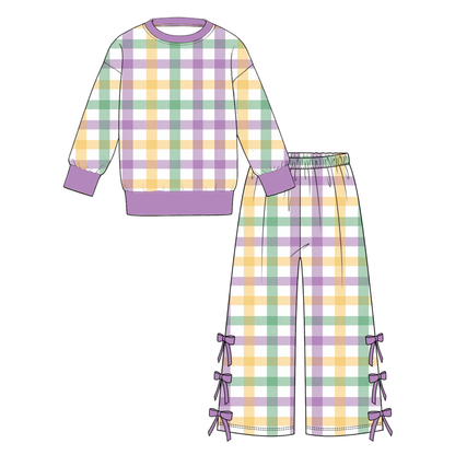 Girls Fall Winter 2-Piece Outfit Set – Colorful Polka Dot Floral Print Sweatshirt & Bow Wide Leg Pants