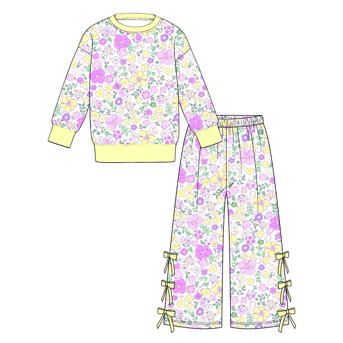 Girls Fall Winter 2-Piece Outfit Set – Colorful Polka Dot Floral Print Sweatshirt & Bow Wide Leg Pants