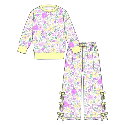 Girls Fall Winter 2-Piece Outfit Set – Colorful Polka Dot Floral Print Sweatshirt & Bow Wide Leg Pants