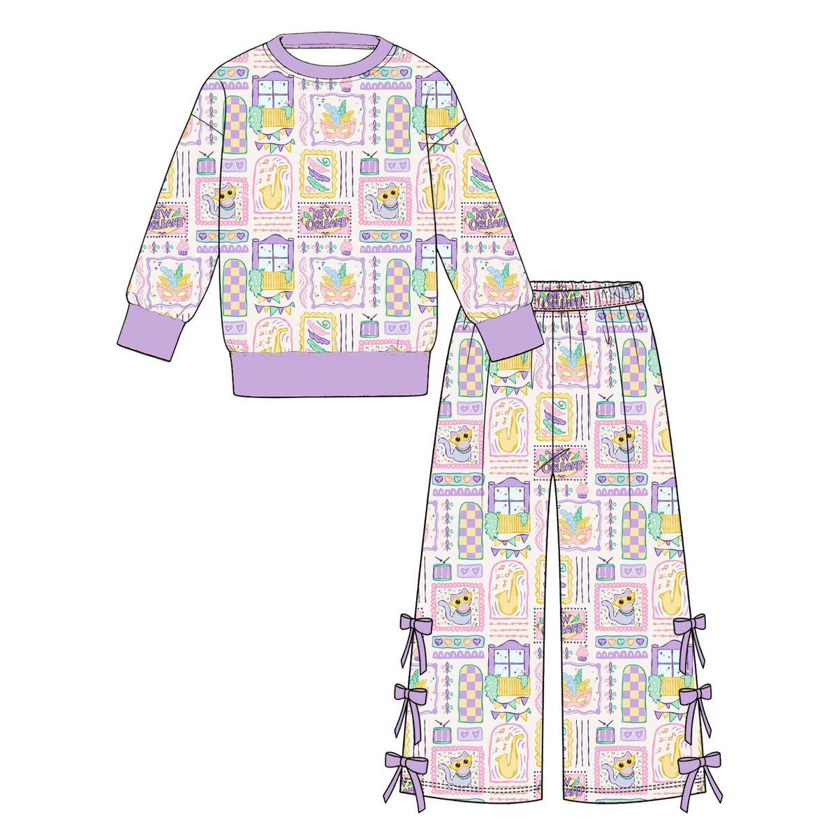 Girls Fall Winter 2-Piece Outfit Set – Colorful Polka Dot Floral Print Sweatshirt & Bow Wide Leg Pants