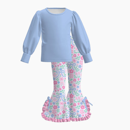 Girls Spring Floral Print Bell Bottom Pants Set – Long Sleeve Puff Sleeve Top & Ruffle Flare Pants Outfit