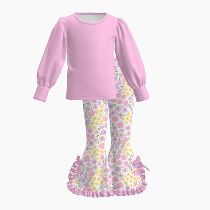 Girls Spring Floral Print Bell Bottom Pants Set – Long Sleeve Puff Sleeve Top & Ruffle Flare Pants Outfit