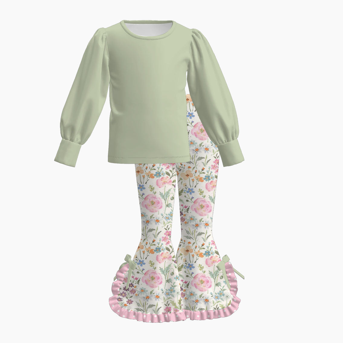 Girls Spring Floral Print Bell Bottom Pants Set – Long Sleeve Puff Sleeve Top & Ruffle Flare Pants Outfit
