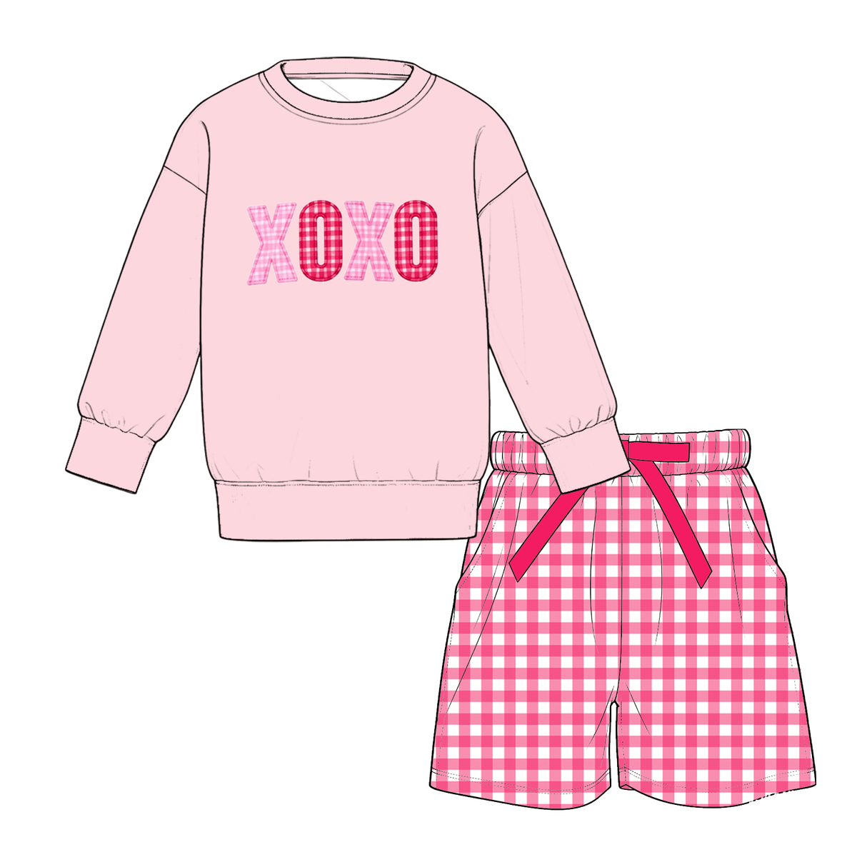Girls Valentine's Day XOXO & Love Like Jesus Printed Outfit Set – Long Sleeve Sweatshirt with Gingham Shorts or Bow Detail Pants