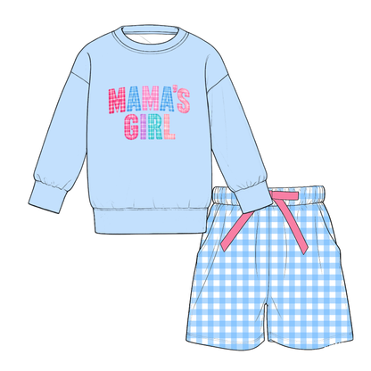 Girls Mama's Girl & Birthday Girl Printed Outfit Set – Long Sleeve Sweatshirt with Gingham Shorts or Bow Detail Wide Leg Pants
