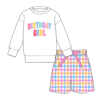 Girls Mama's Girl & Birthday Girl Printed Outfit Set – Long Sleeve Sweatshirt with Gingham Shorts or Bow Detail Wide Leg Pants