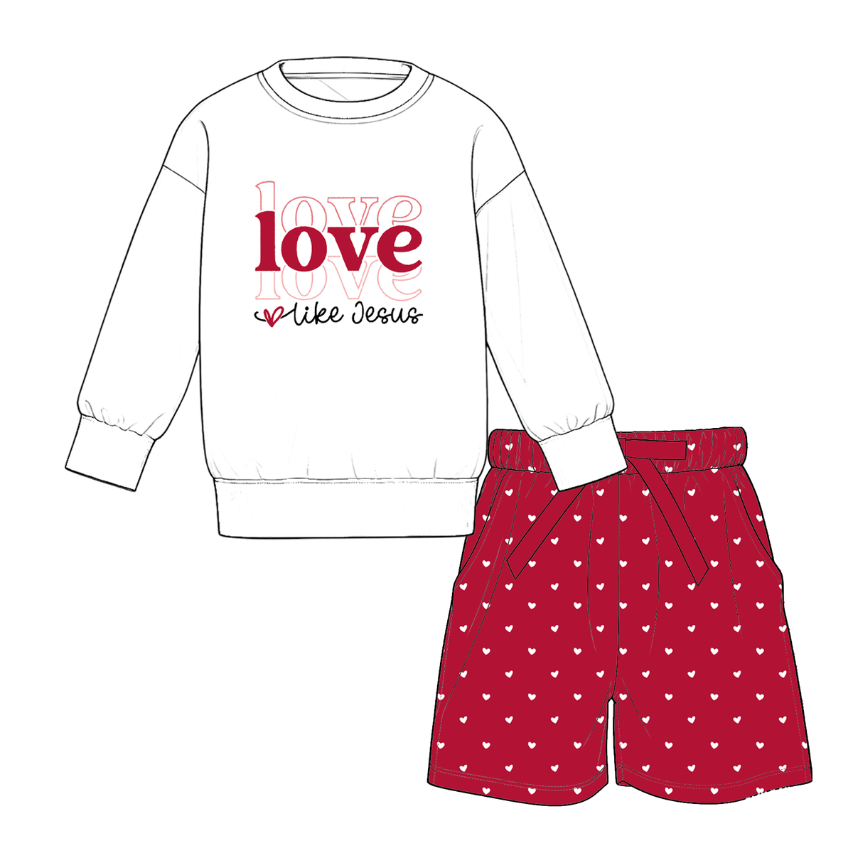 Girls Valentine's Day XOXO & Love Like Jesus Printed Outfit Set – Long Sleeve Sweatshirt with Gingham Shorts or Bow Detail Pants