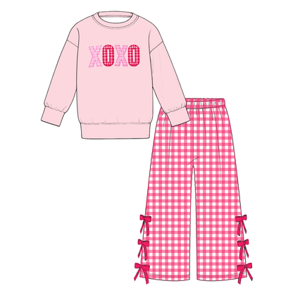 Girls Valentine's Day XOXO & Love Like Jesus Printed Outfit Set – Long Sleeve Sweatshirt with Gingham Shorts or Bow Detail Pants