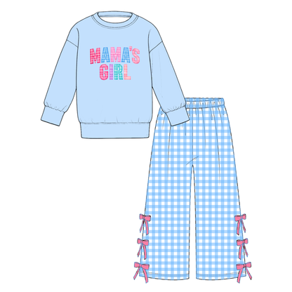 Girls Mama's Girl & Birthday Girl Printed Outfit Set – Long Sleeve Sweatshirt with Gingham Shorts or Bow Detail Wide Leg Pants