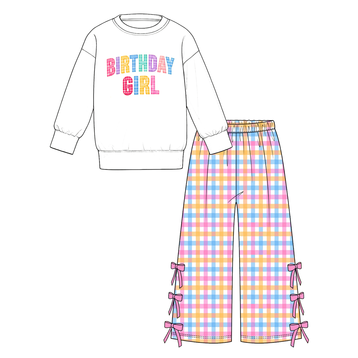 Girls Mama's Girl & Birthday Girl Printed Outfit Set – Long Sleeve Sweatshirt with Gingham Shorts or Bow Detail Wide Leg Pants