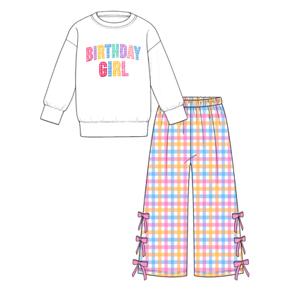 Girls Mama's Girl & Birthday Girl Printed Outfit Set – Long Sleeve Sweatshirt with Gingham Shorts or Bow Detail Wide Leg Pants