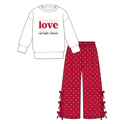 Girls Valentine's Day XOXO & Love Like Jesus Printed Outfit Set – Long Sleeve Sweatshirt with Gingham Shorts or Bow Detail Pants