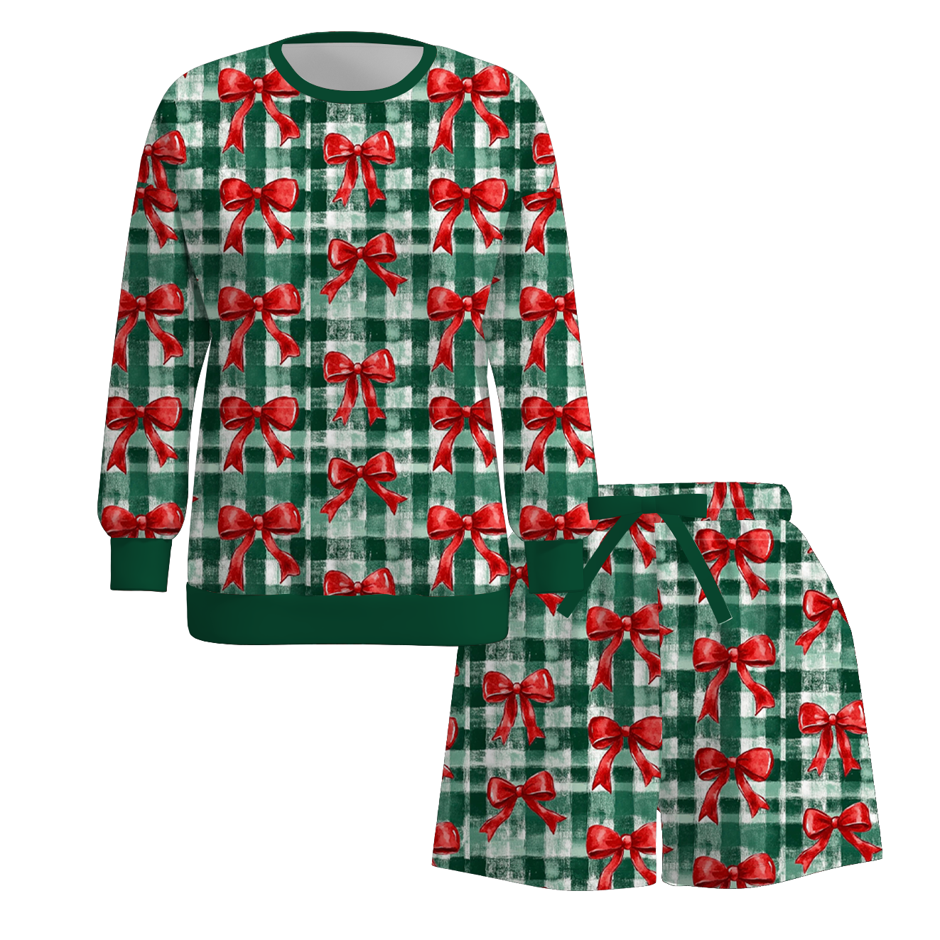 Christmas Mommy & Me Matching Gingham Bow Print Sweatshirt & Shorts Set