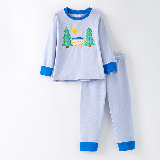 Boys Chritmas Blue Stripes Christmas Tree Embroidery Pajamas Set