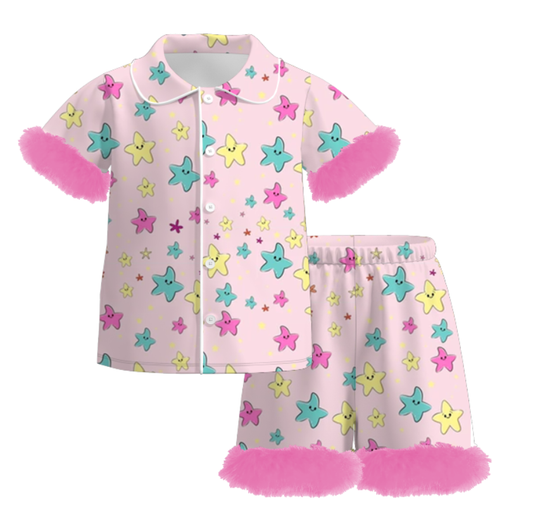 Girls Summer Star Print Soft Fur Short Set Pajamas