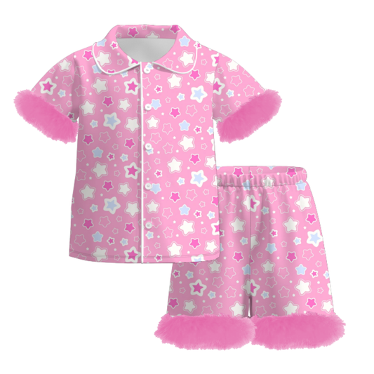 Girls Summer Pink Star Print Soft Fur Short Set Pajamas