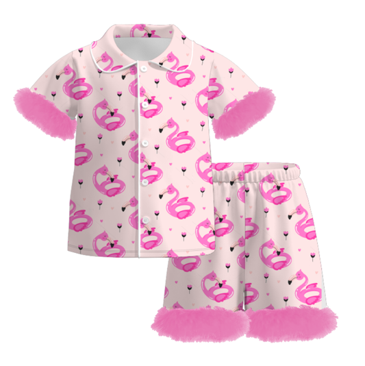 Girls Summer Pink Flamingo Print Soft Fur Short Set Pajamas