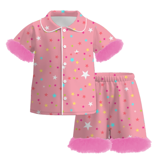 Girls Summer Coral Star Print Soft Fur Short Set Pajamas