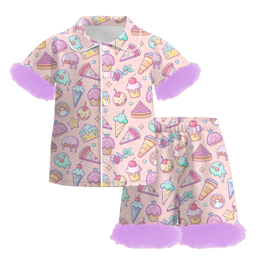 Girls Summer Lavender Cake Ice-Cream Print Soft Pajamas Set