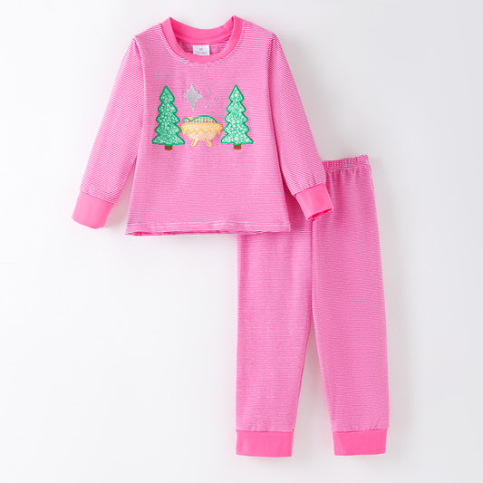 Girls Chritmas Pink Stripes Christmas Tree Embroidery Pajamas Set