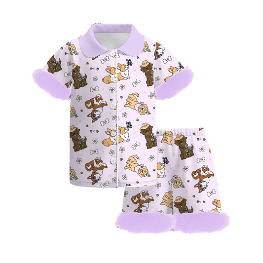 Girls Summer Dog Print Lavedner Fur Short Set Pajamas