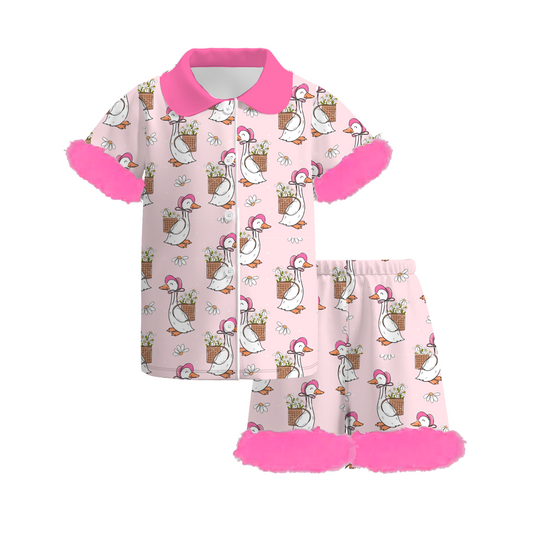 Girls Summer Silly Goose Print Hot Pink Fur Short Set Pajamas