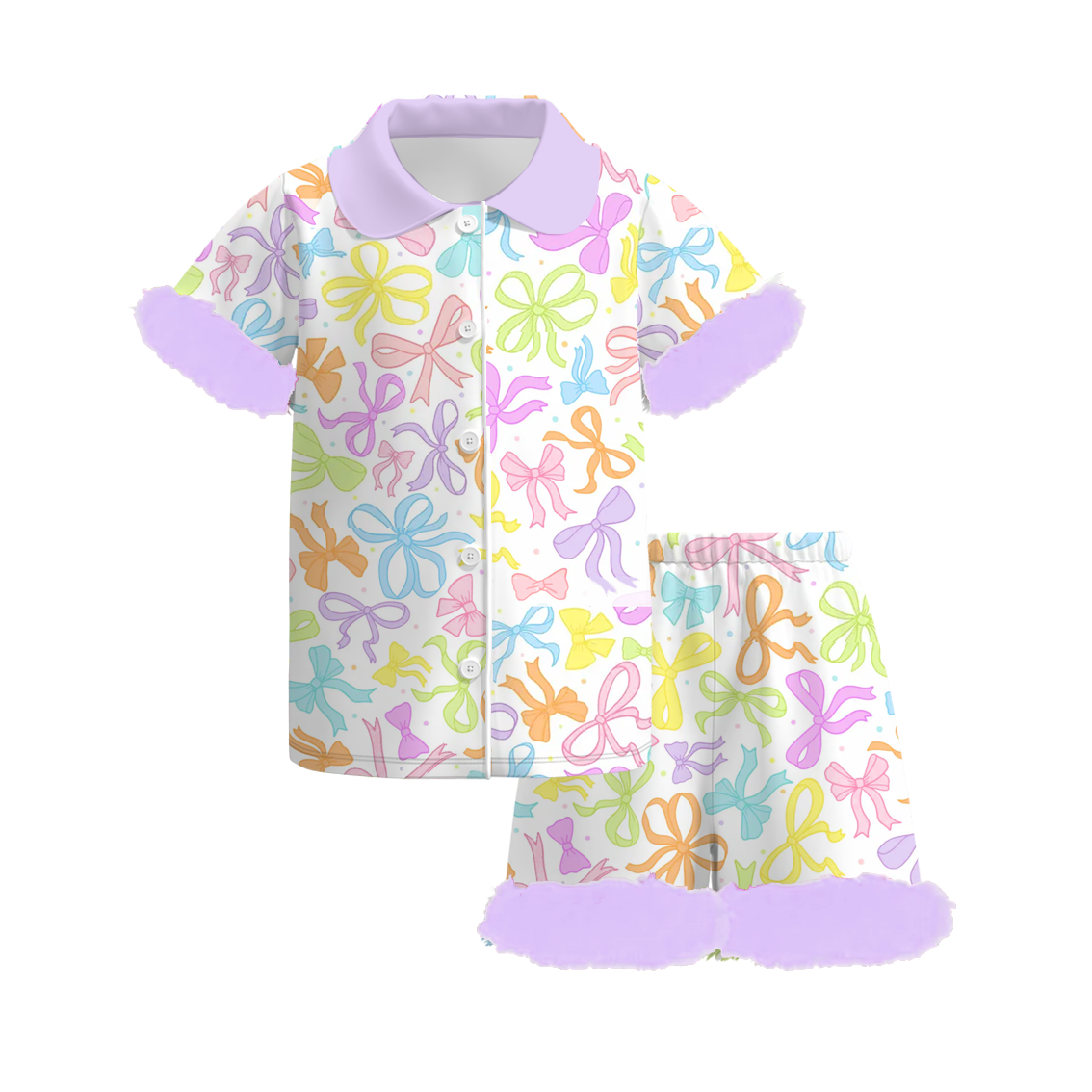Girls Summer Bow Print Lavender Fur Short Set Pajamas
