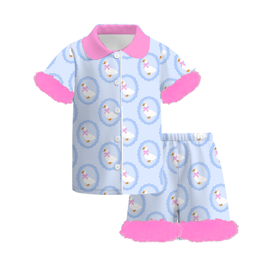 Girls Summer Goose Print Hot Pink Fur Short Set Pajamas