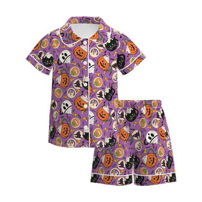 Girls Halloween Pumpkin Ghost Bow Pajamas 2 Pieces Set